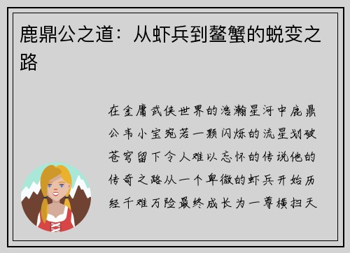鹿鼎公之道：从虾兵到鳌蟹的蜕变之路